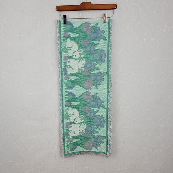 Easter Table Runner Green Pink Hand Knit Cotton Bunny Rabbit Eggs Tulips Spring - Picture 4 of 9